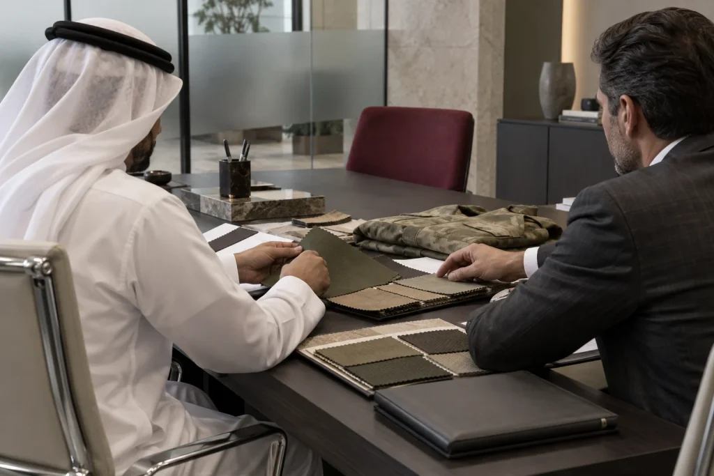 Concept image of a corporate meeting reviewing uniform and textile samples.