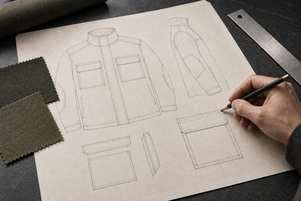 Concept technical drawing of an olive field jacket beside fabric swatches.