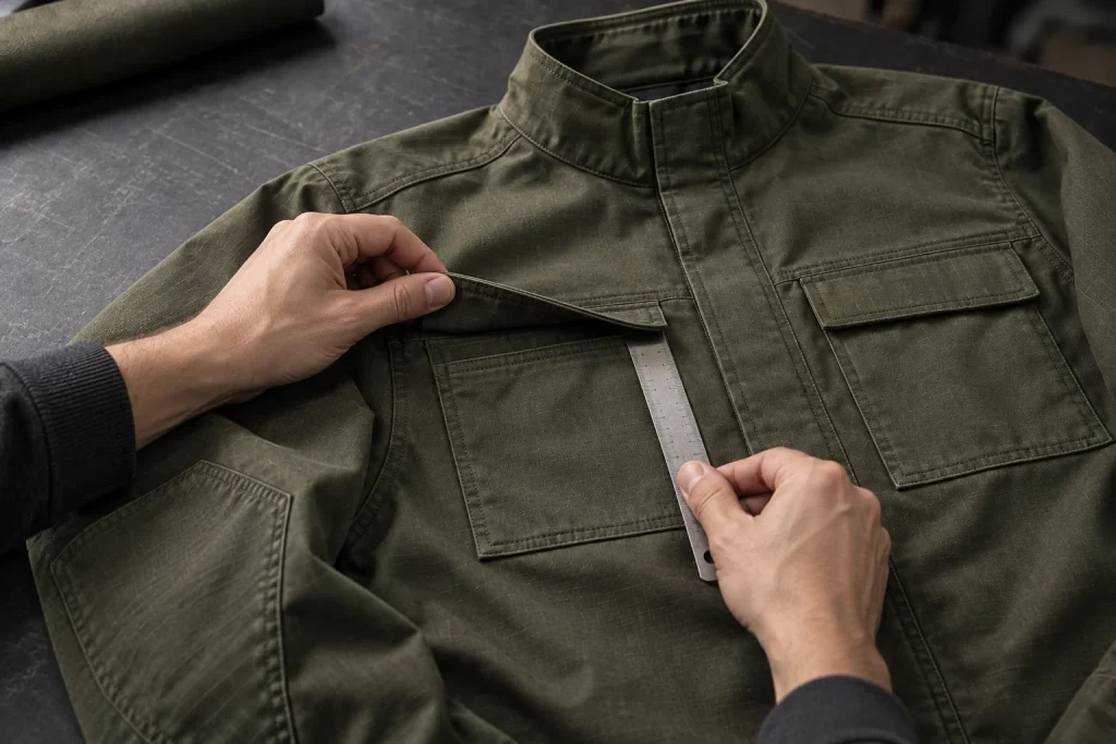 Concept inspection of the pocket and stitching on an olive field jacket.