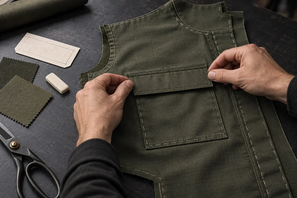 Concept pocket assembly and olive fabric sample being positioned on a workbench.