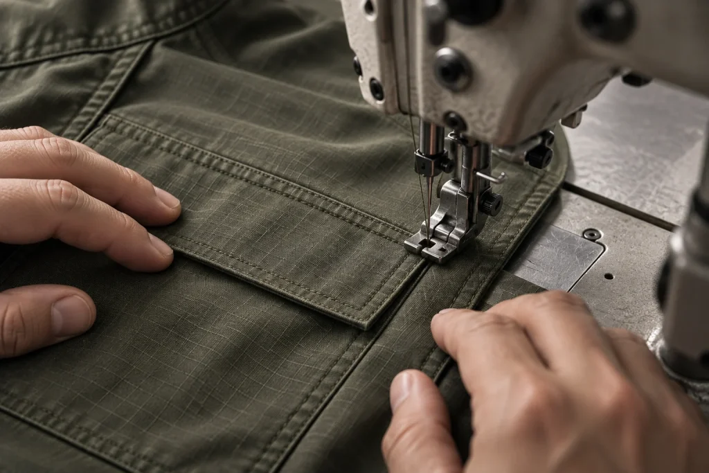 Concept close-up of a sewing machine stitching an olive garment pocket.
