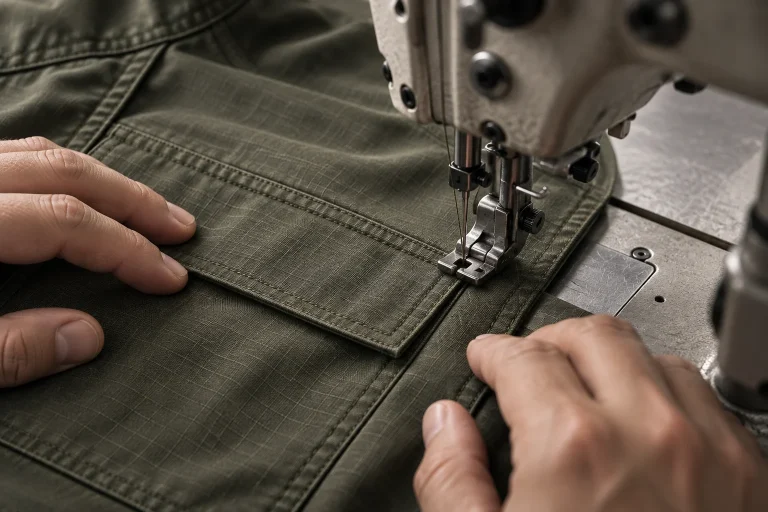 Concept close-up of a sewing machine stitching an olive garment pocket.