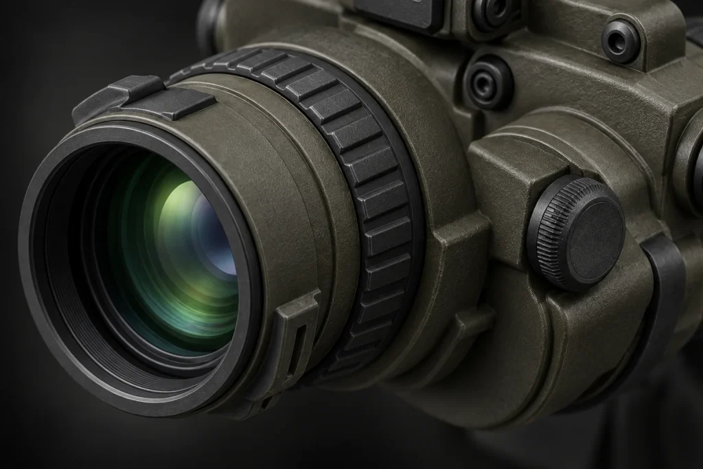 Concept close-up of an optical housing and adjustment details.