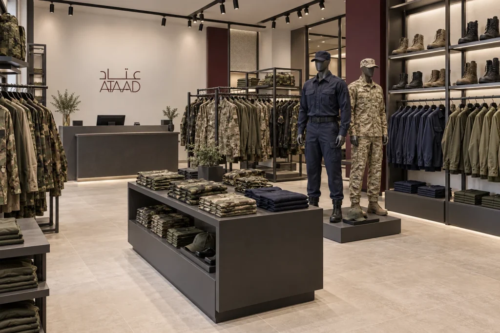 Concept interior of an ATAAD military clothing store, with uniform rails, boot displays and a discreet ATAAD wall logo.