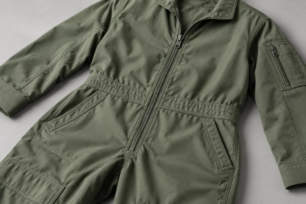 Sage crew-suit zip, pocket and stitched fabric details.