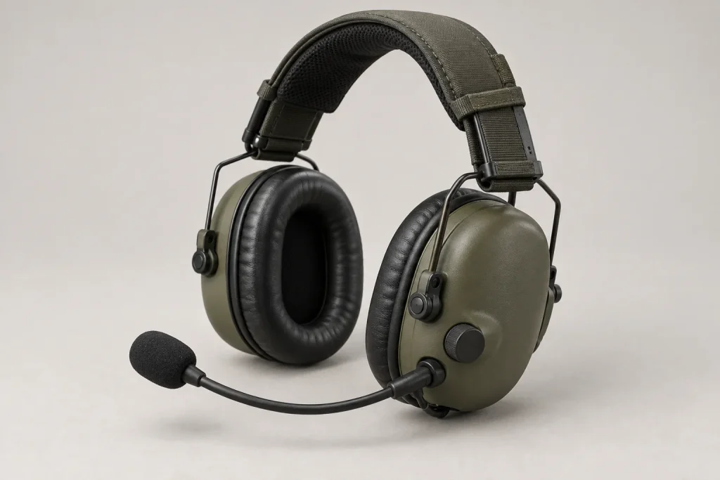 Olive over-ear headset with ear cushions, adjustable headband and boom microphone.