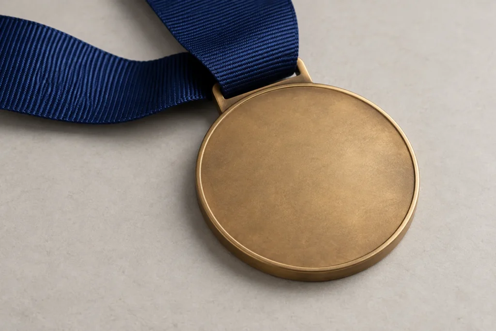 Blank reverse of a bronze-coloured medallion with a plain navy ribbon.