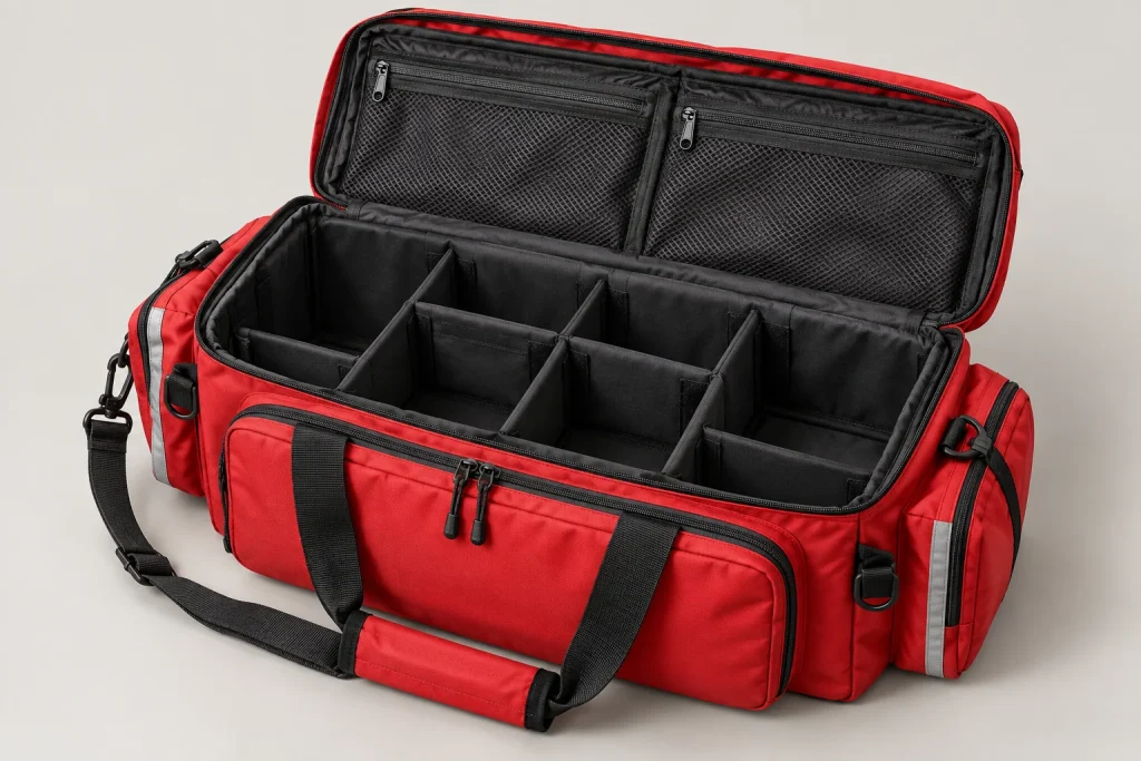 Open empty red equipment bag showing padded dividers and mesh organiser pockets.