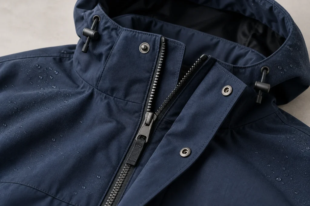 Navy outer-jacket zip, storm flap and hood edge in a concept close-up.