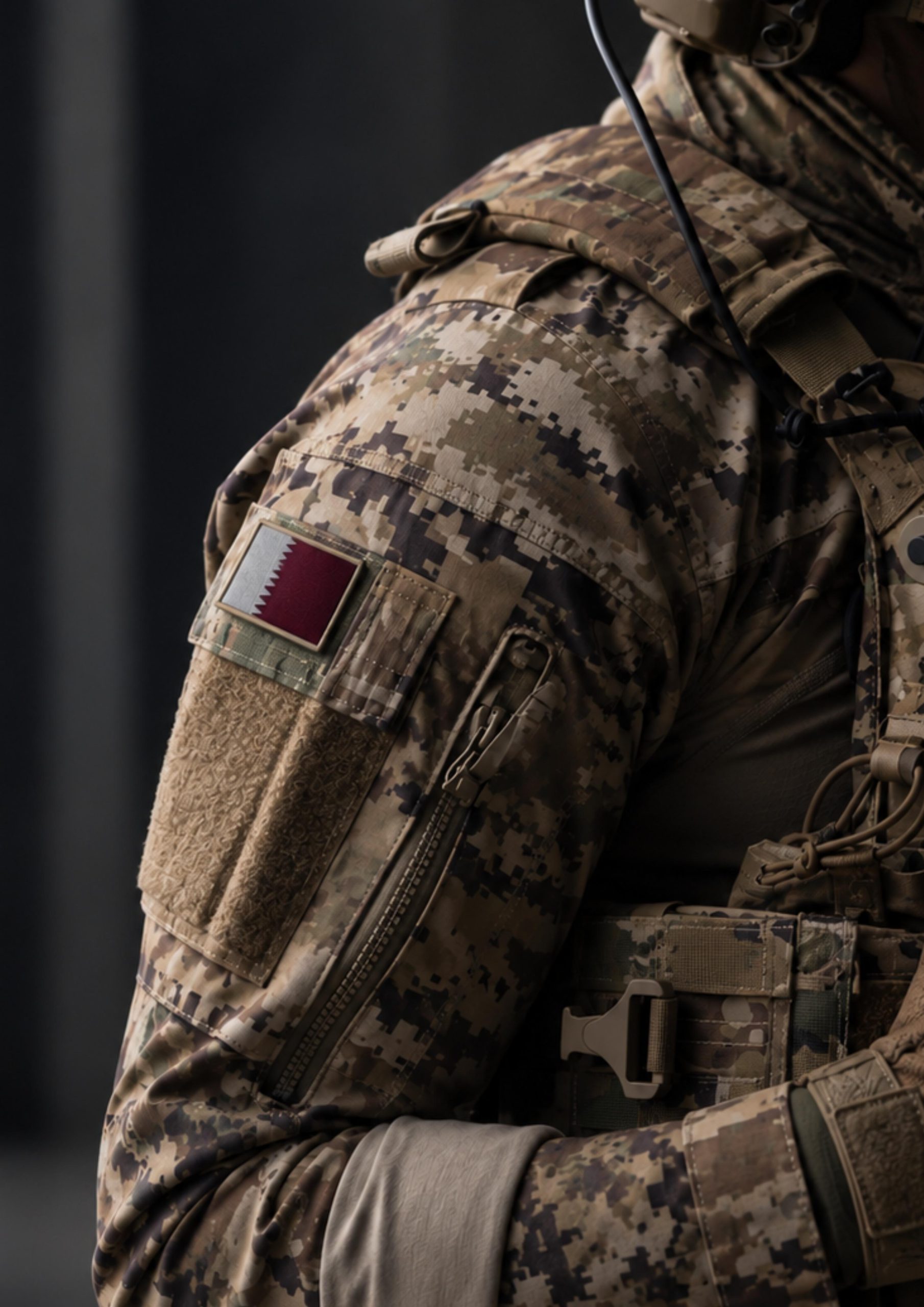 Close-up of a camouflage uniform with a Qatar flag patch, sleeve pocket and vest shoulder strap.