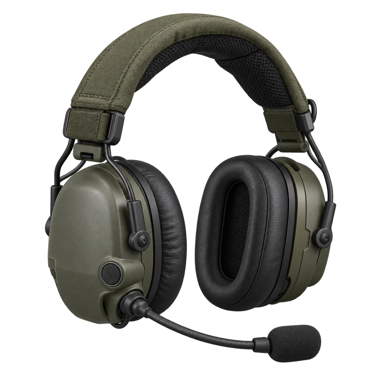 AI-generated unbranded tactical communications headset concept; not verified product evidence.