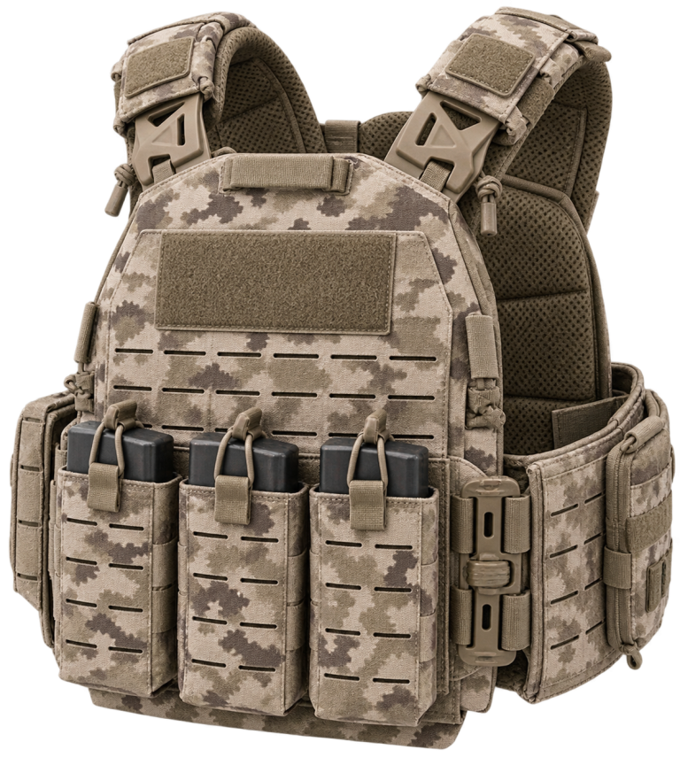Illustrative tan camouflage plate carrier with front pouches; concept image, not verified product evidence.