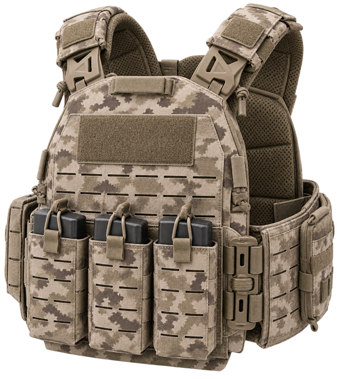 Illustrative tan camouflage plate carrier with front pouches; concept image, not verified product evidence.