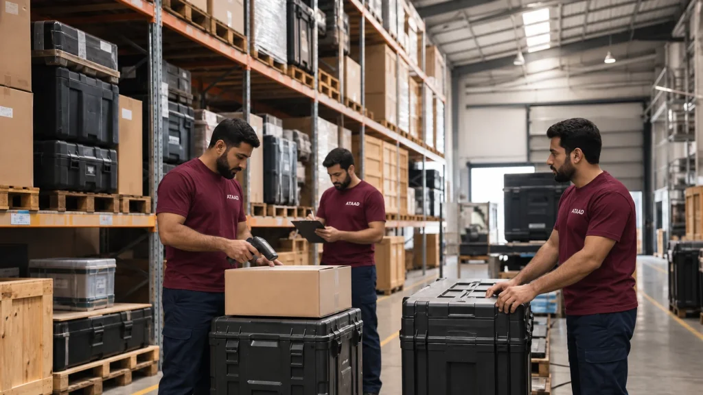 Illustrative warehouse scene with three male workers in burgundy ATAAD T-shirts checking stock and equipment cases.