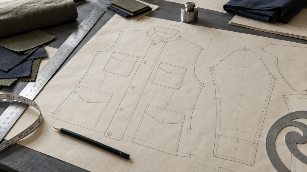 Garment pattern drawing on a worktable with fabric swatches, a ruler, measuring tape and drawing tools; no people visible.