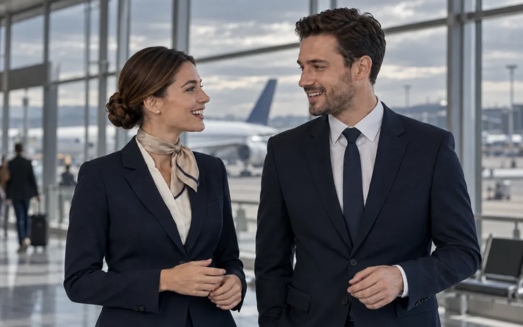 Illustrative female and male cabin crew members in tailored navy uniforms inside a bright airport terminal.