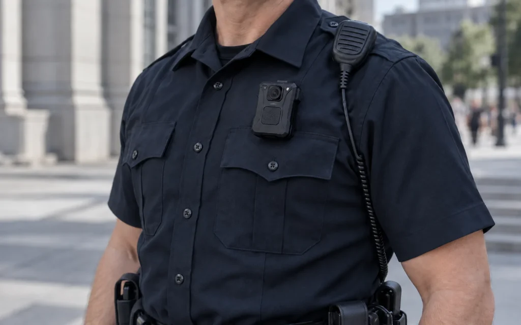 Illustrative close-up of a navy civilian police uniform with a body-worn camera and shoulder radio microphone.