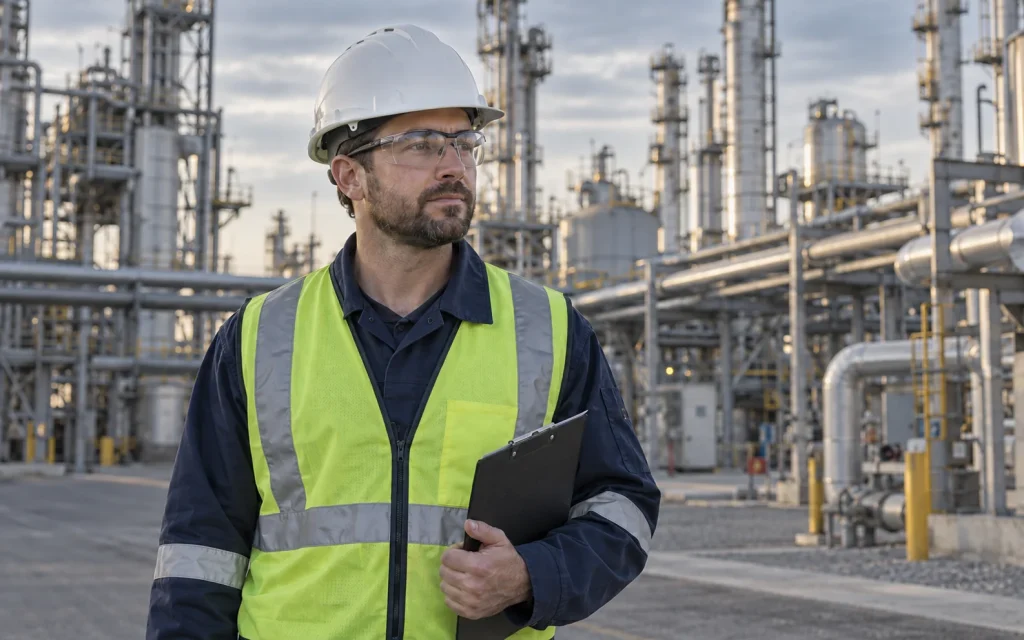 Illustrative refinery worker wearing a high-visibility safety vest, white hard hat, safety glasses and navy workwear.
