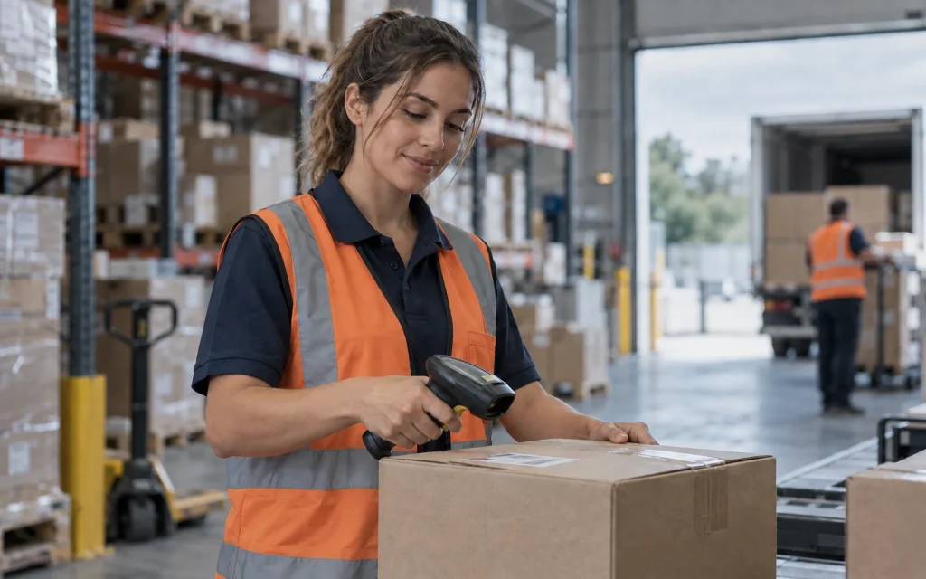Illustrative warehouse worker in an orange high-visibility vest scanning a carton at a packing station.