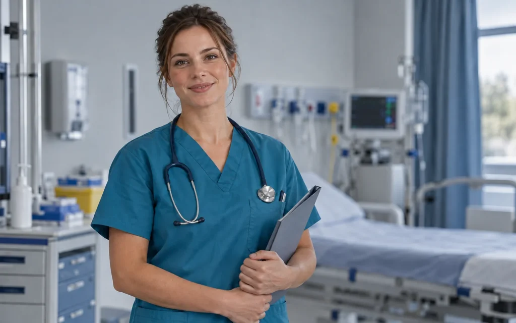 Illustrative healthcare professional in teal medical scrubs with a stethoscope in a bright clinical room.